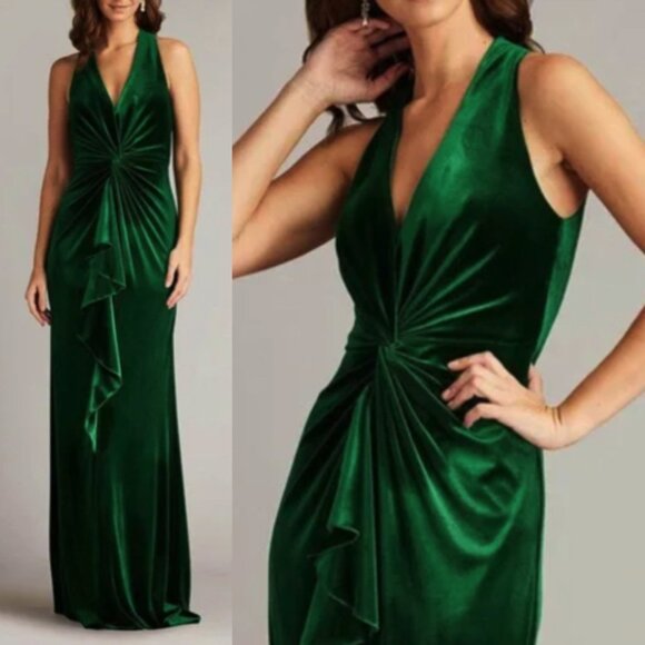 NWT Tadashi Shoji CIDER Twist Drape Velvet Gown Dress BAL23433L PINE Size S
